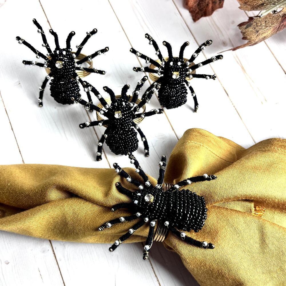 Set of 4 Black Widow Spider Beaded Napkin Rings Rhinestone Gold Halloween Glam